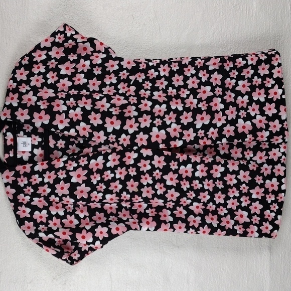 Cabi Black Pink Floral V-Neck Pleated Front Short Cap Sleeve Pullover Tunic Top - Picture 12 of 12